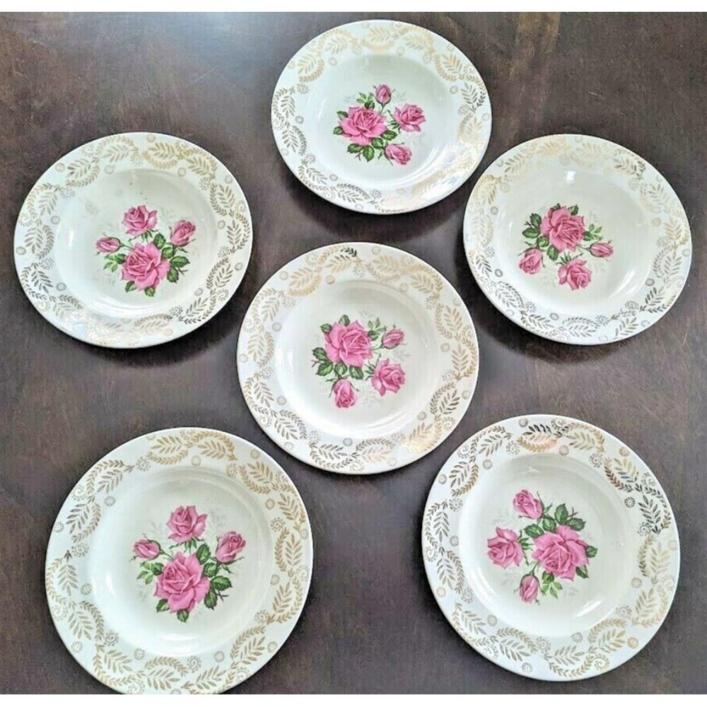 6 Antique Swinnertons Bone China 22 Karat Gold Laurel Rim 8" Bowls Century Rose